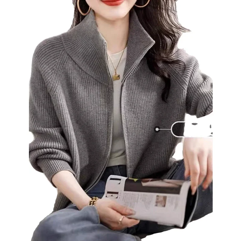New Fashion Knitted Cardigan Zipper Women's Sweater Turtleneck Solid Color Elegant Long-sleeved Jacket