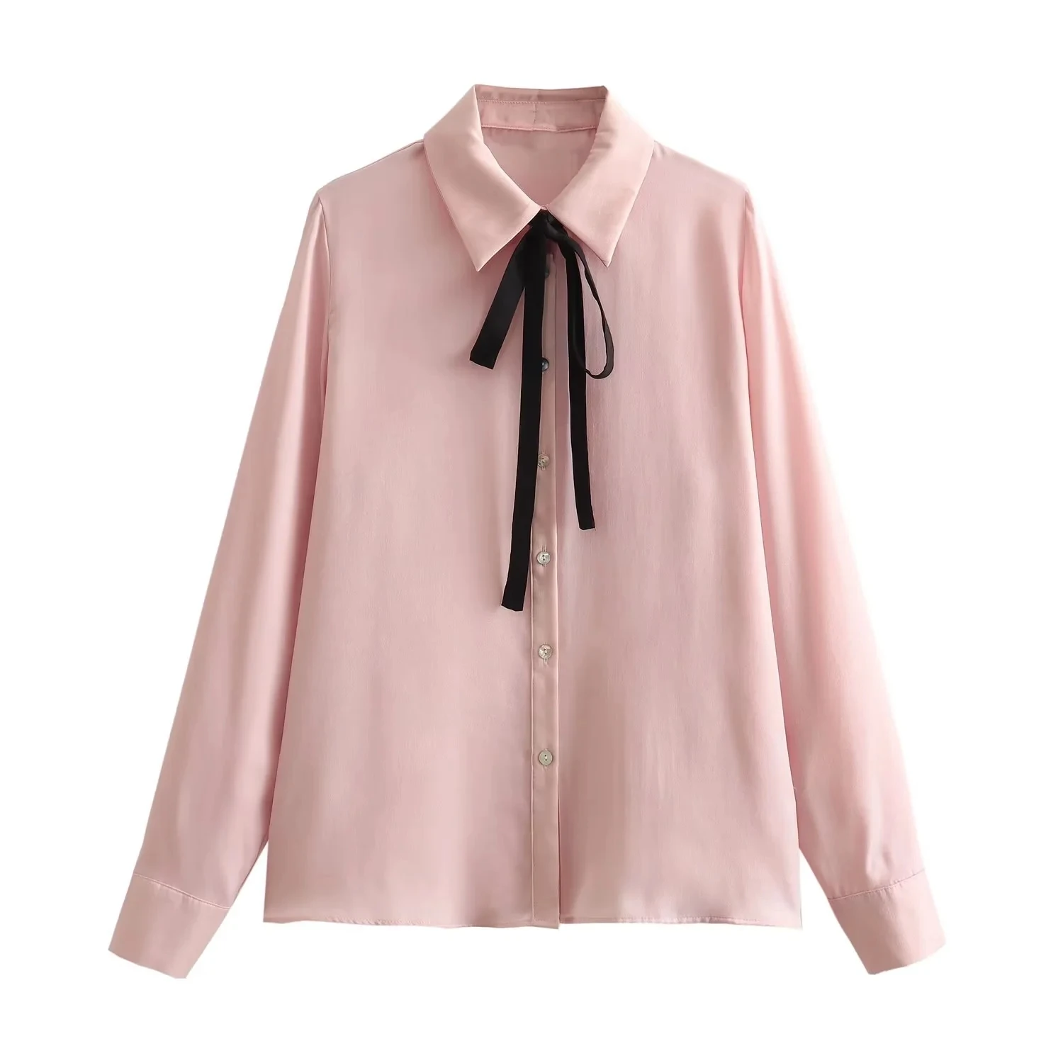 

TRAF Women's Pink New Shirts Fashion Autumn Long Sleeves Blouses Female Elegant Lapel Blusas Para Mujer Woman Chic Tie Bow Shirt