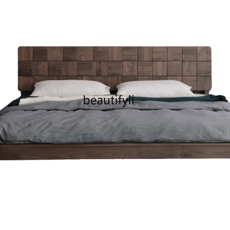 

Nordic Light Luxury Black Walnut Log Solid Wood Bed Double Bed 1.8 M 2 M Master Bedroom Marriage Bed Modern Minimalist