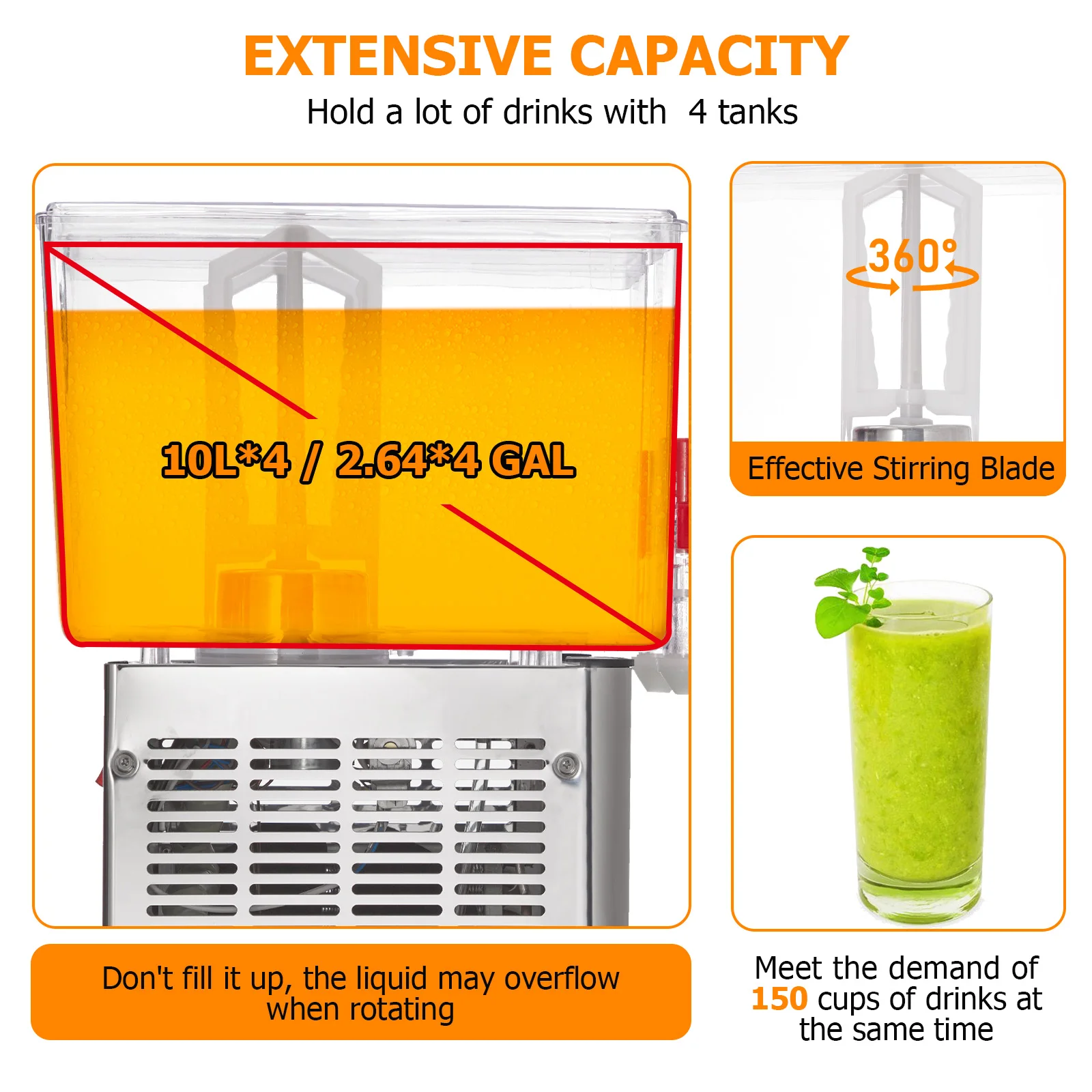 Commercial Beverage Dispenser, 4 Tanks 10.56 Gallon 40L Commercial Juice Dispenser, 10 Liter Per Tank, 380W Stainless Steel Food 3