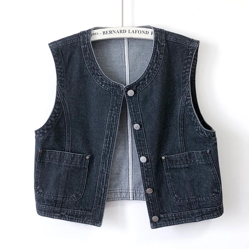 

Vintage Black O Neck Big Pocket Denim Vest Women Waistcoat Slim Short Cowboy Sleeveless Jacket Summer Thin Jeans Vests Female