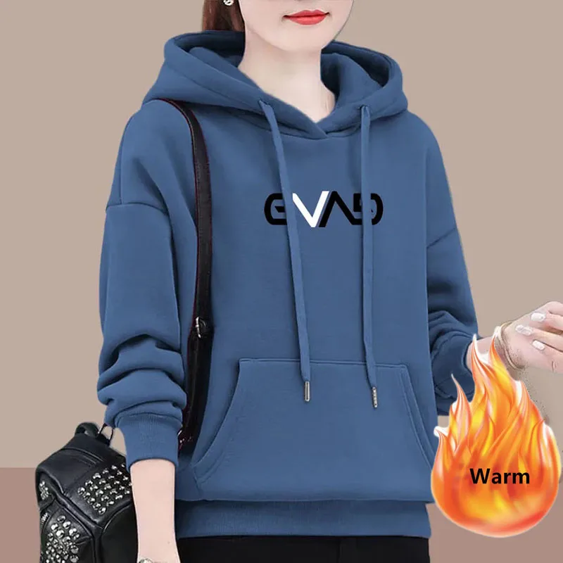 Winter Plush Lined Oversize 80kg Hooded Print Loose Sweatshirt Warm Casual Long Sleeve Tops Thick Woman New Fashion Hoodies