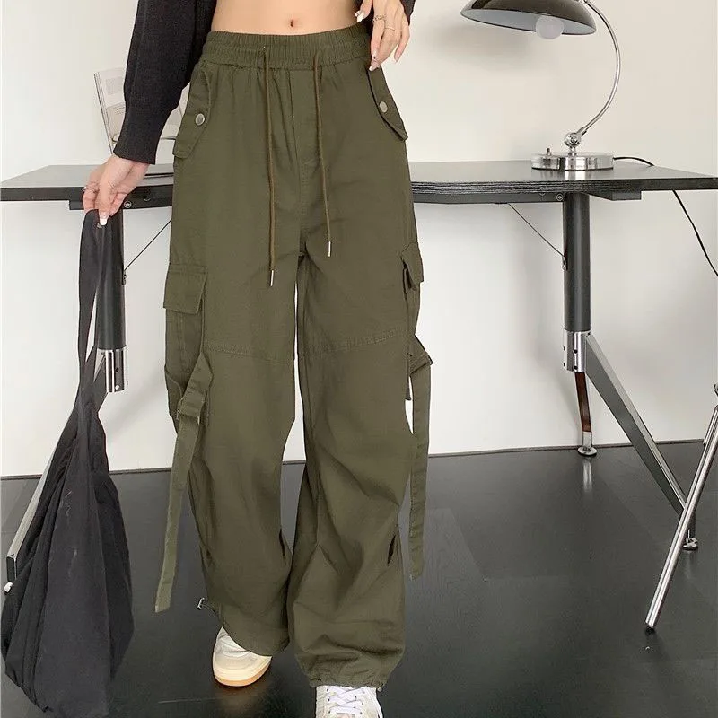 

Y2K Streetwear Cargo Pants Women Wide Leg Elastic Waist Casual Fashion American Harajuku Pocket Lace Up BF