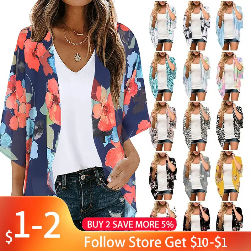 2024 New Women Summer Long Flowy Kimono Cardigans Boho Chiffon Floral Beach Cover Up Tops Beachwear Hawaii Chiffon Cardigan Top