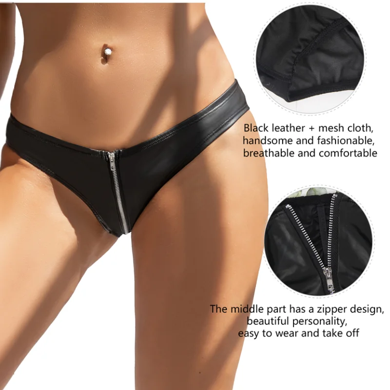 Mutandine Intimo Donna Effetto Bagnato – Patent Leather, Slip Perizoma, Cerniera Uncinetto