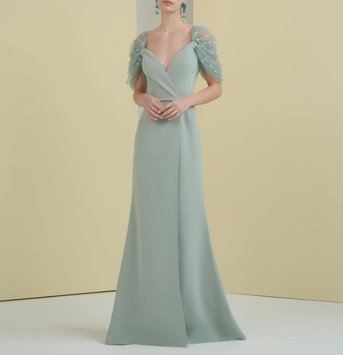 

Welove Spa Green V Neck Evening Dresses with Sequins Cape Sleeves Ankle Length Mermaid Formal Occasions Dress New 2024
