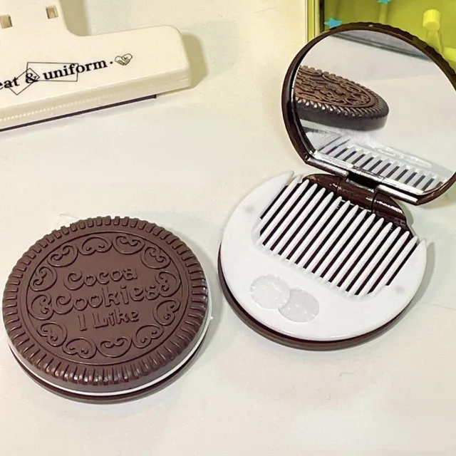 Miroir de maquillage rond pliant Biscuit au chocolat Ins Kawai miroirs de poche extérieurs femmes petit miroir de cacao avec peignes café noir 1