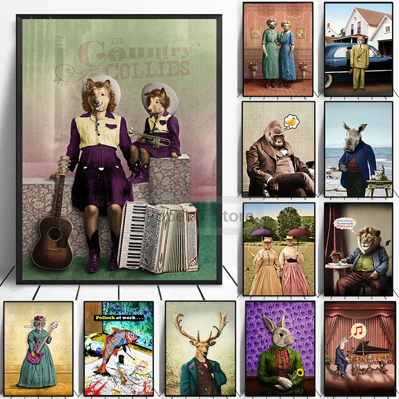 Divertenti Animali Vintage Testa Di Animale Anomorfo Umano E Corpo Poster Stampe Su Tela Pittura Wall Art Immagini Home Room Decor
