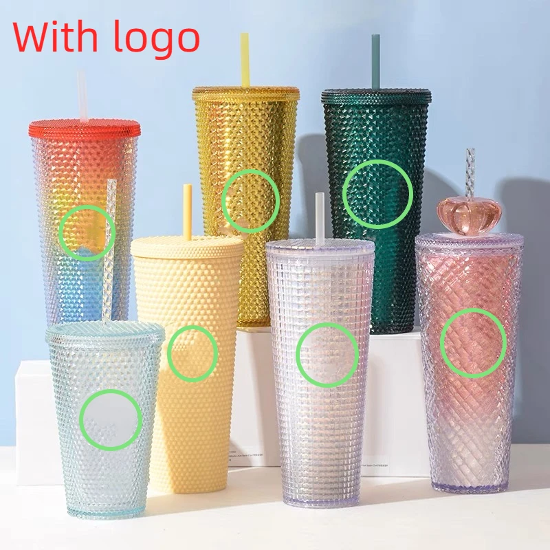 

710ml double layer coffee cup with lid with straw with logo durian cup 24oz diamond tie cup cold drink cup wholesale