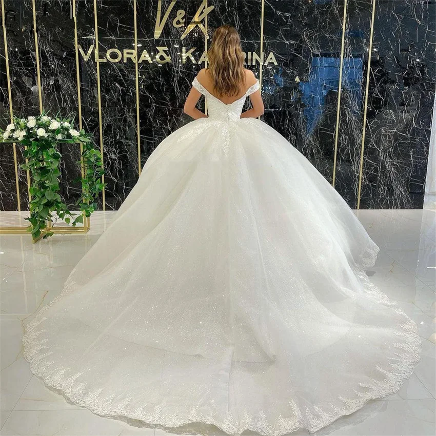Customized Elegant Off The Shoulder Wedding Dress For Women Lace Applique Glitter Tulle Bridal Gown V Neck A-line Robe De Mariée 4