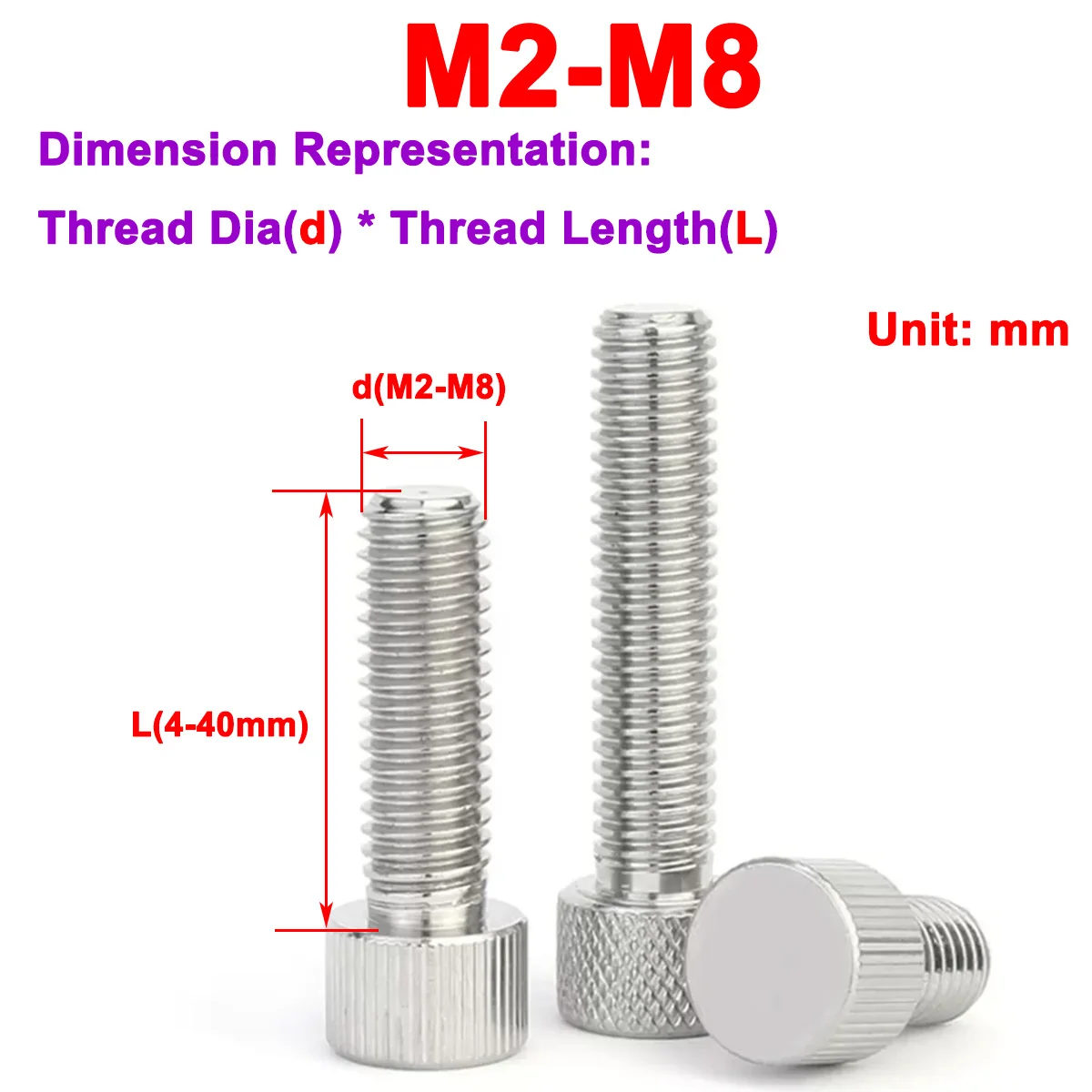 

304 Stainless Steel Knurled Small Cylindrical Mesh Pattern On The Head Hand Twisting Machine Screw M2M3M4M5M6M8