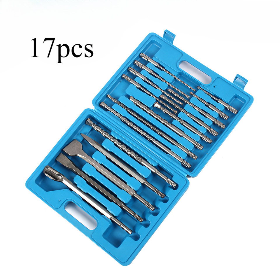 17pcs Round Handle Impact Electric Hammer Drill Bit Chisel Plastic Box Set Concrete Point Flat Chisel Drilling Grooving with Box