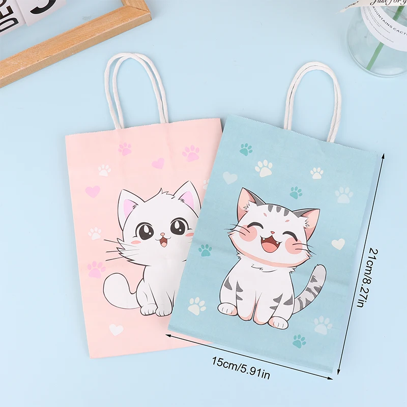 50pz Carino Gatto Cartone Animato Sacchetti Regalo Festa, Sacchetti Regalo Rosa con Manico & Motivi a Fiocco Pallini per Caramelle Baby Shower Decorazione Festa Compleanno Articoli