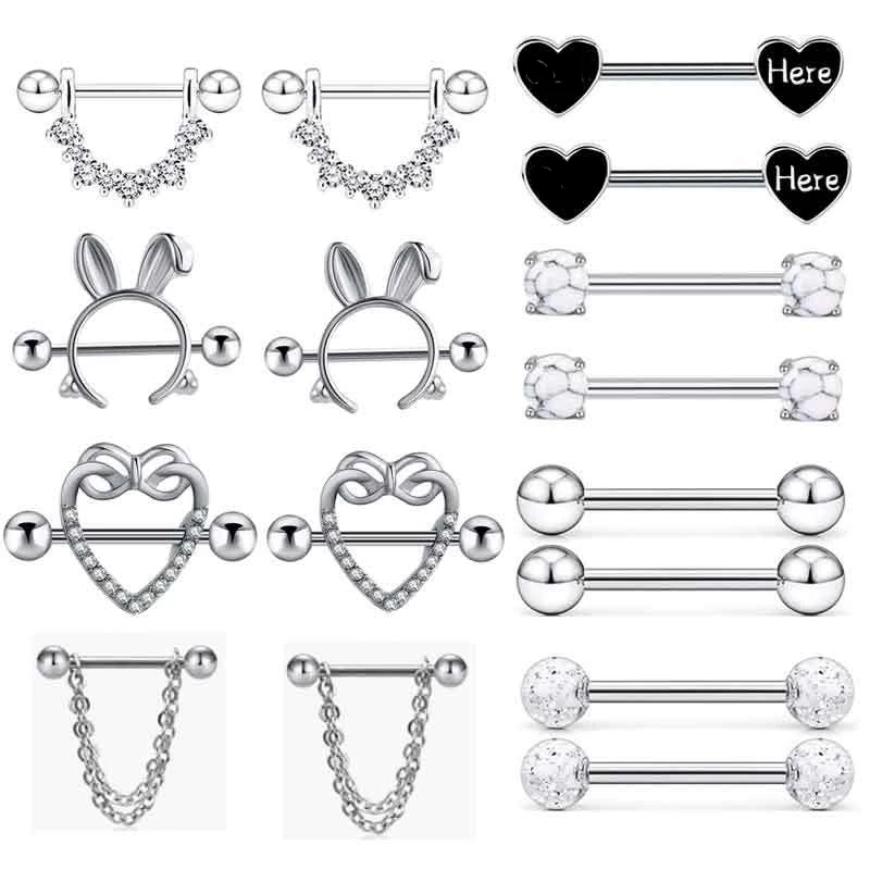 Fashion Stainless Steel Heart Nipple Piercing Set Jewelry Flower Nipple Barbell Pack Crystal Nipple Ring Lot Sexy Body Piercing