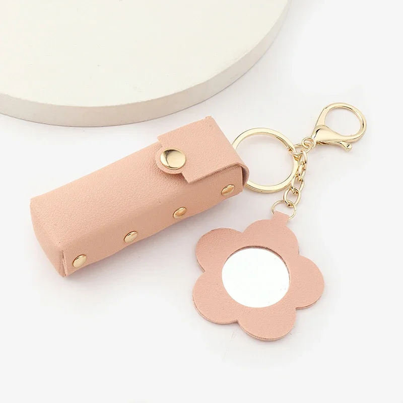 1pc Leather Lipstick Bag Makeup Pouch Lip Balm Bag Keychain Holder Creative Lipsticks Protective Cover With Mirror Gifts 5
