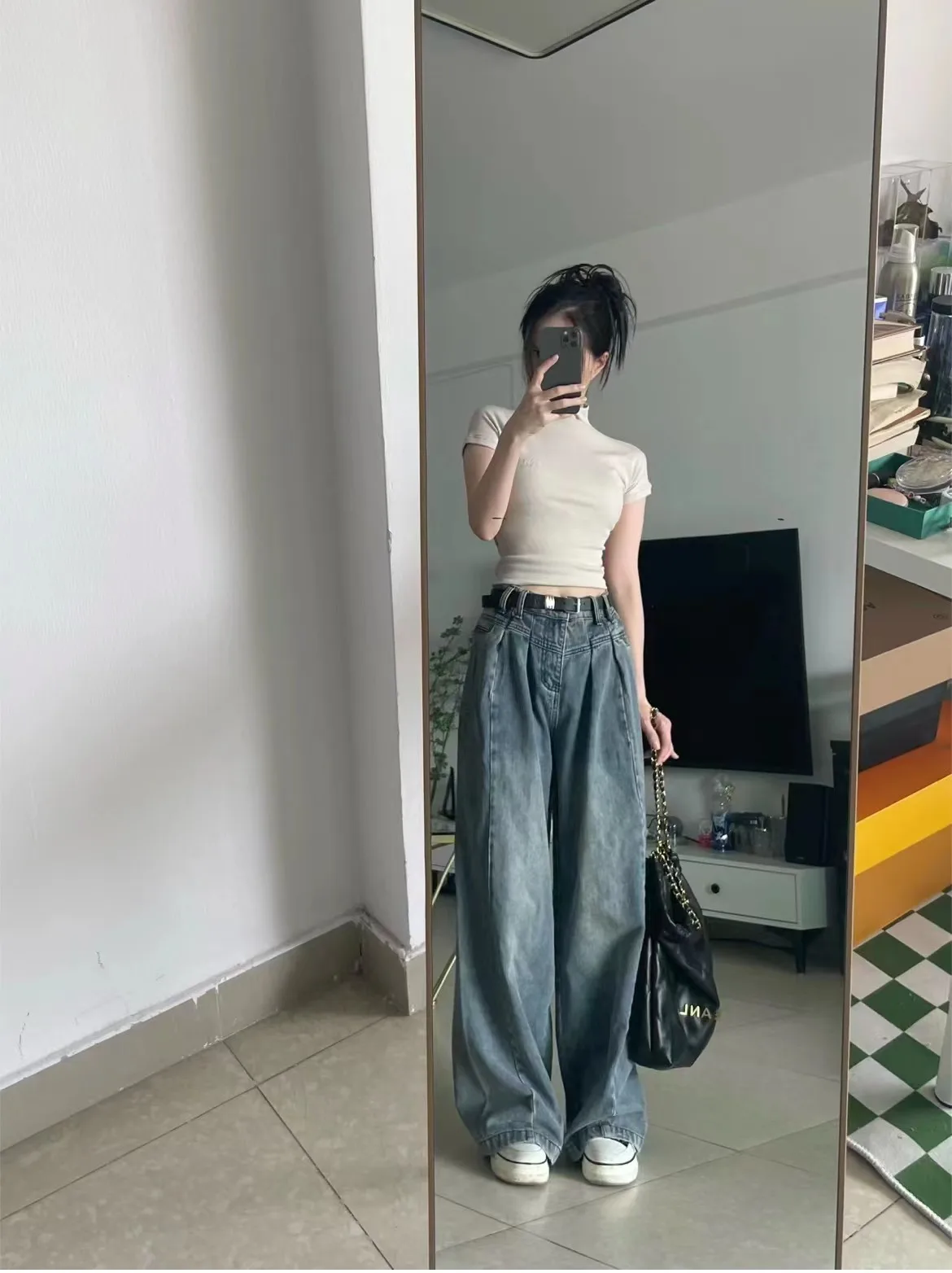 2023 Autumn Women's Loose Wide Legs Denim Trousers High Waisted Straight Leg Pants Floor-length Button Fly Vintage Lady Jeans