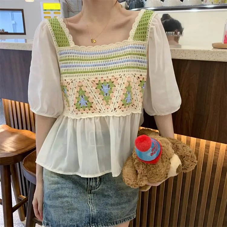 

Summer Long Sleeve Vintage National Trend Female Clothes Hollow Out Lace Patchwork Chiffon Shirts Woman Blouses Short Sleeve