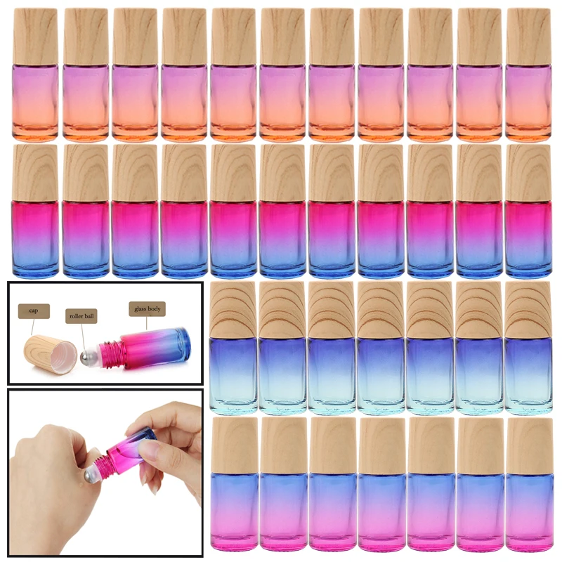 20/30/50pcs Empty 5ml Roll on Glass Bottle with Metal Roller Ball Gradient Color Container for Perfume Essential Oil Bottles