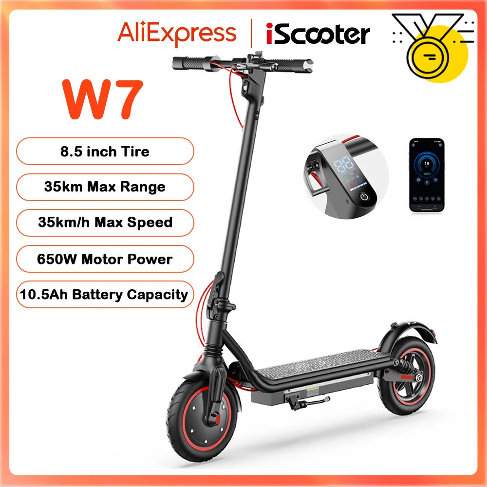 Scooter elettrico W7 8.5 "650W 36V 10.5Ah 25-35km Gamma Doppia sospensione Luci laterali Controllo app Velocità 35 km/h Scooter elettrici