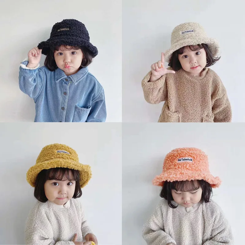 

Winter Baby Girl Boy Bucket Hat Cute Lamb Wool Letter Kids Fisherman Hat Solid Flat Top Hats Children Outdoor Thick Warm Sun Cap