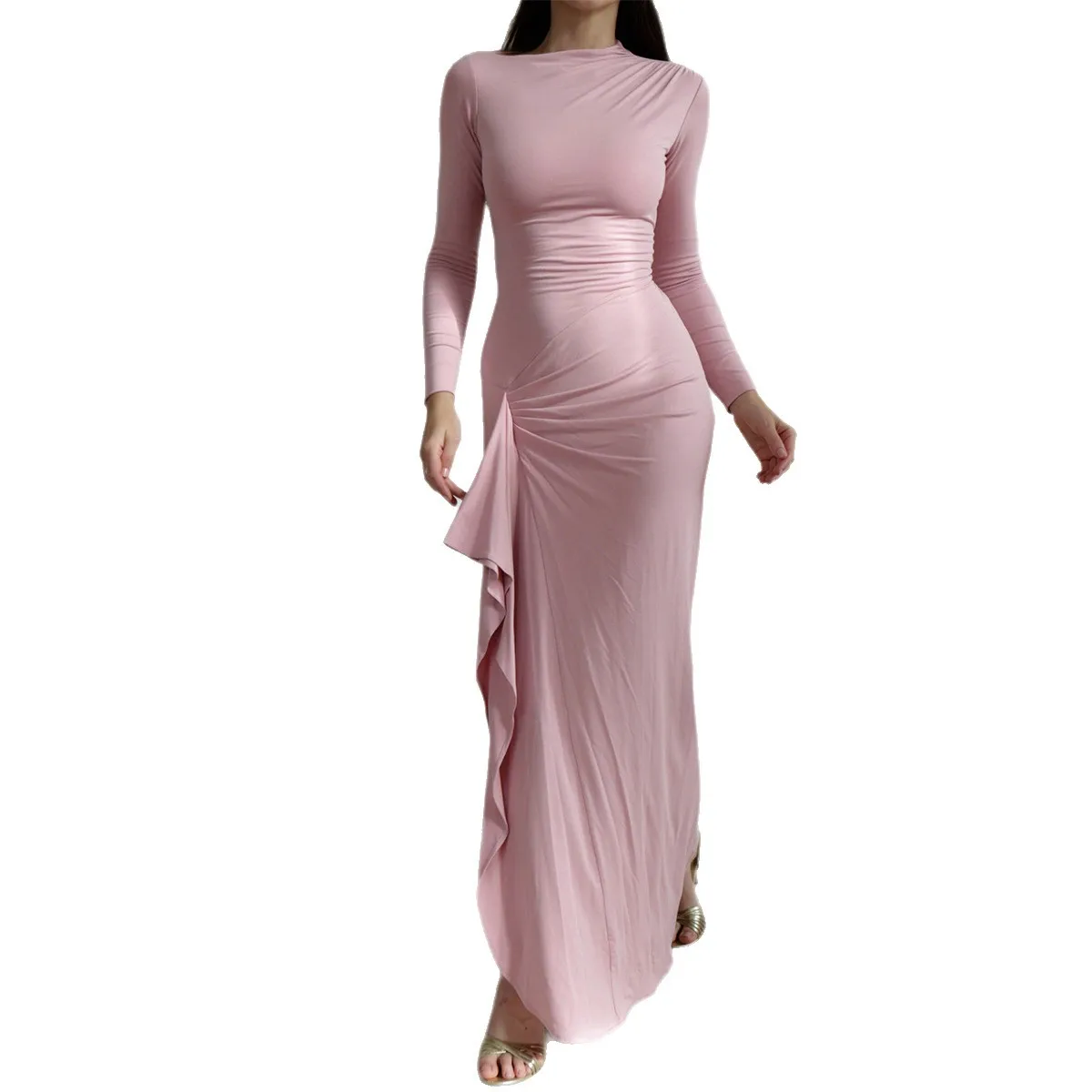 Abito elegante da donna Autunno Tinta unita Nuovo abito slim a maniche lunghe Moda Cintura casual Cintura elastica in vita Gonna abito da donna 5