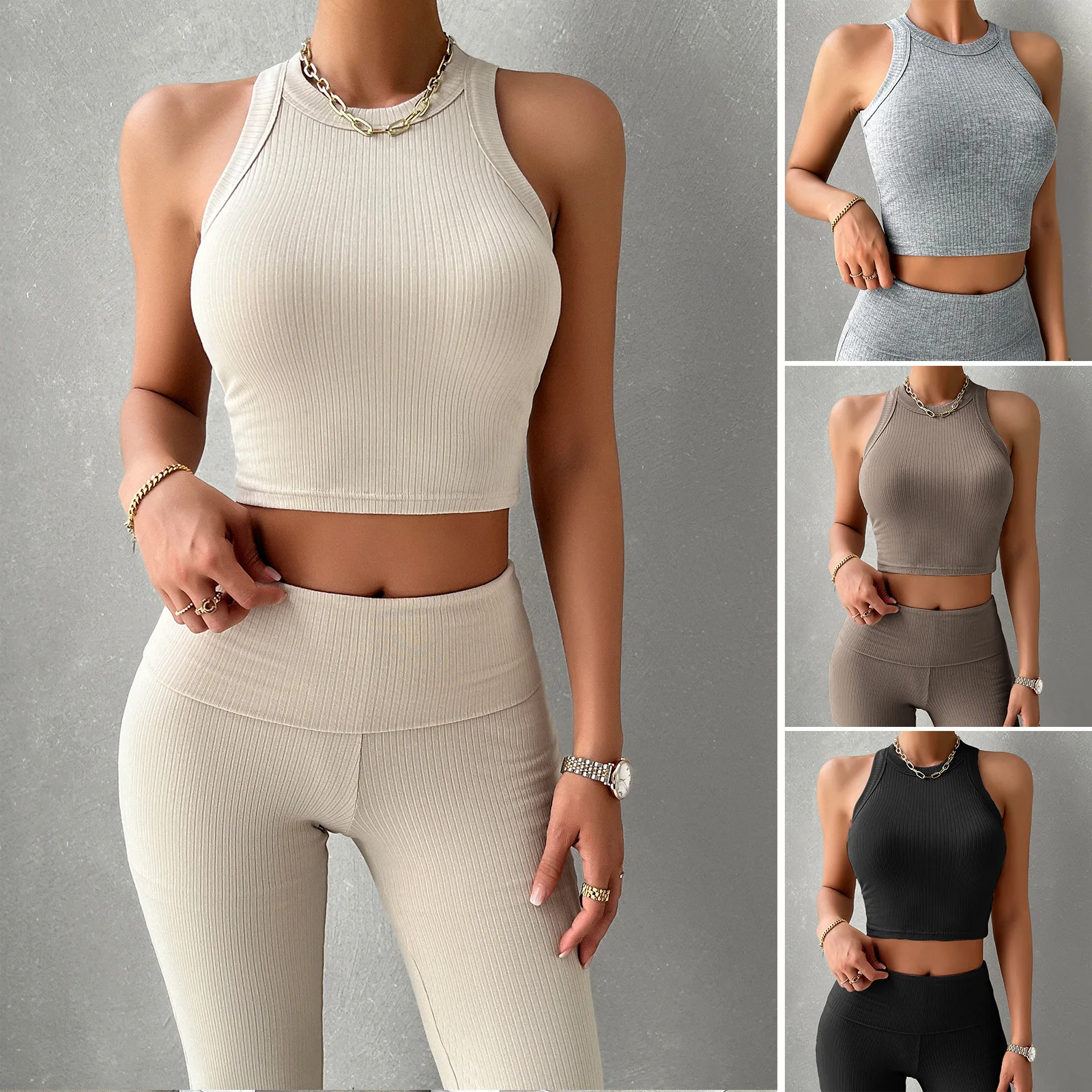 

YEAE Casual Sports Sleeveless Vest Long Pants Set Slim Hip Lifting Sports Suit Short Tops Tight Wide Leg Pants Yoga Fitness Set