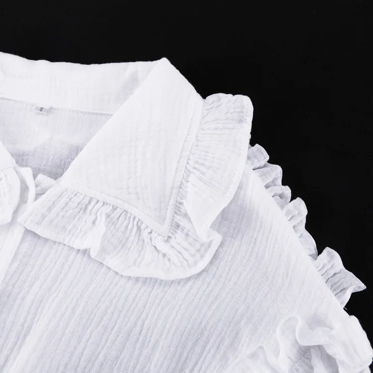 White Ruffled Casual Shirts For Women Fashion Patchwork Cardigan Lapel Long Sleeve Outwear Slim Ladies Shirts 2025 New