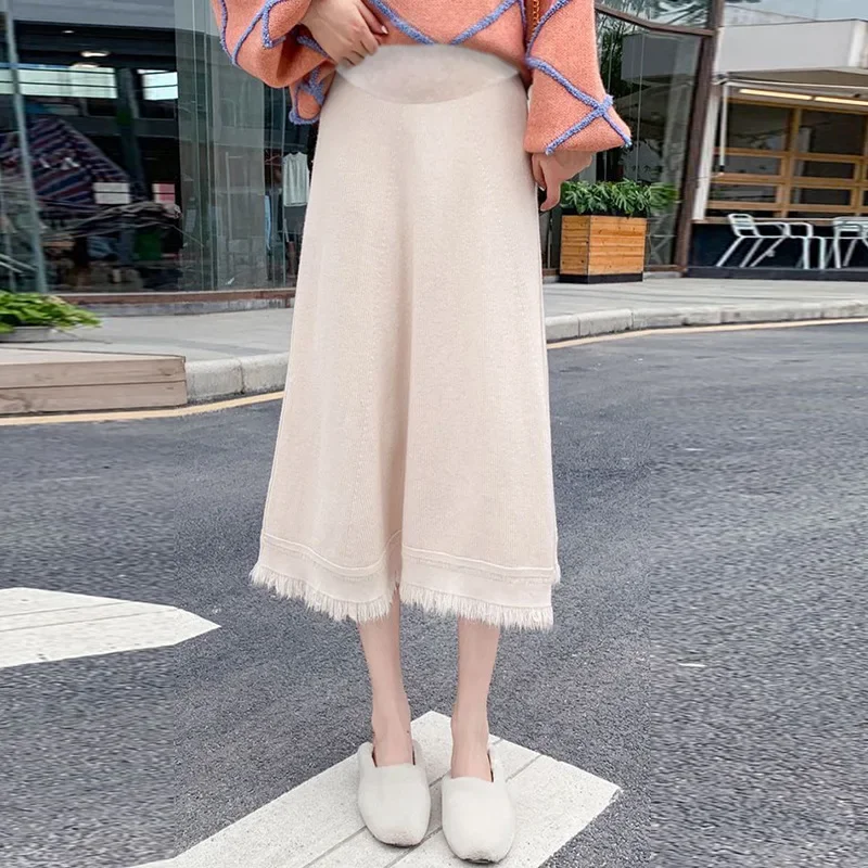 Maternity Knitted Long A- Line Skirt Autumn Winter Tassel Trim Loose Slimming Outerwear Fashionable Maternity Dress