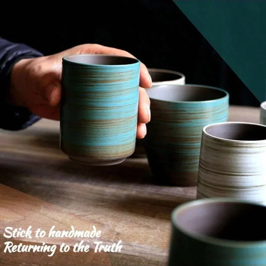 Hand-Painted Rustic Ceramic Tea Coffee Mug - Kiln-Transformed Vintage Cups for Home Office Bulk Coarse Clay Cups Dishwasher Safe