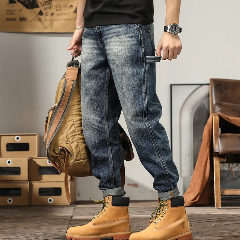 Pantalon Cargo en Denim pour homme, Style Safari, multi-poches, délavé, rétro, papa, haute qualité, décontracté, en coton, automne et hiver_voghion.com