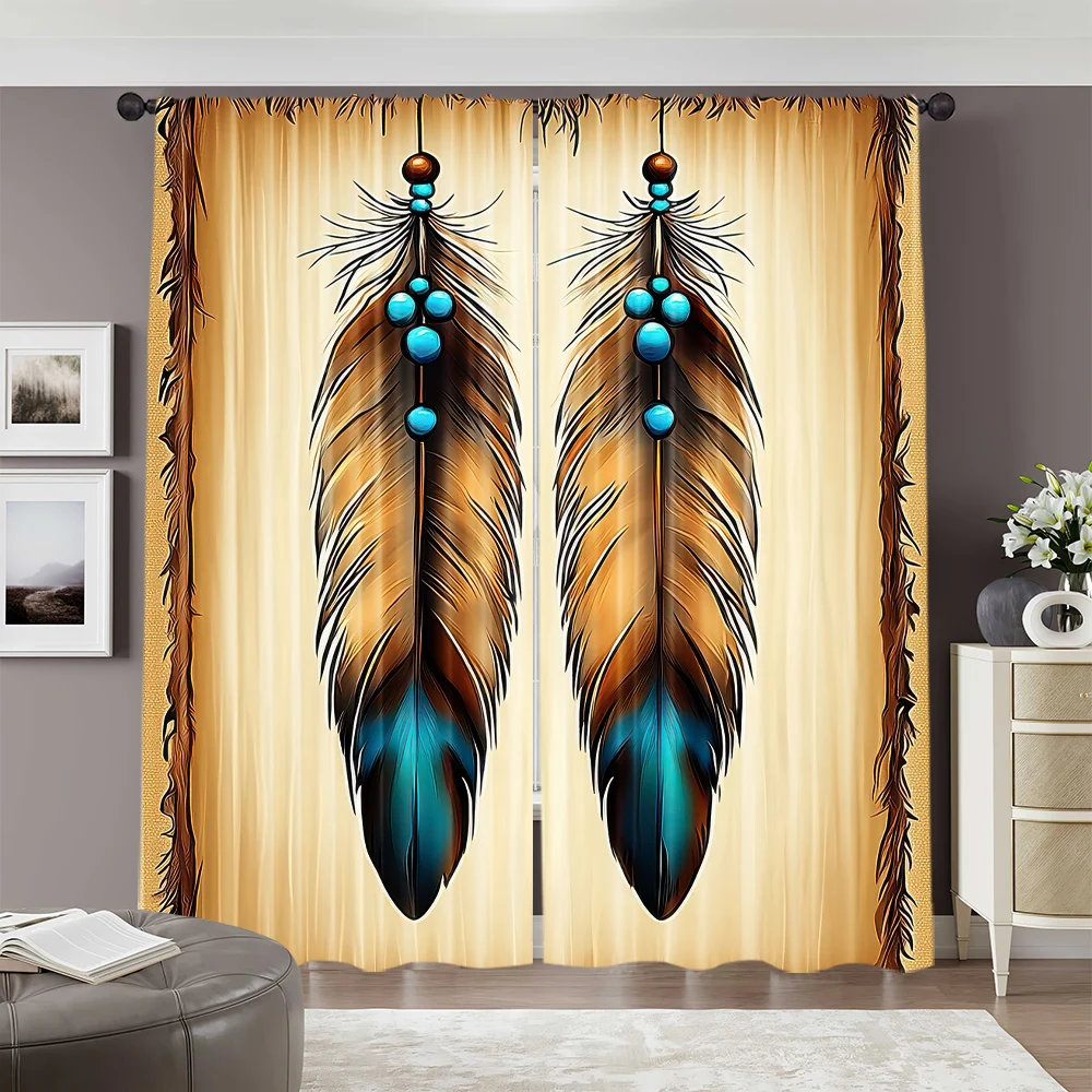 2pcs, spring summer Curtains Retro feather Indiana ethnic culture style simple Yarn Curtains Durable Polyester Outdoor 2