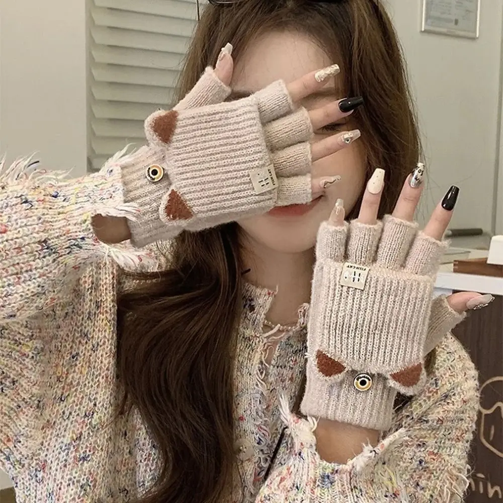 

Fashion Thickening Knitted Gloves New Warm Women Fingerless Thick Gloves Girls Glove Cat Ear Flip Hand Warmer Mittens