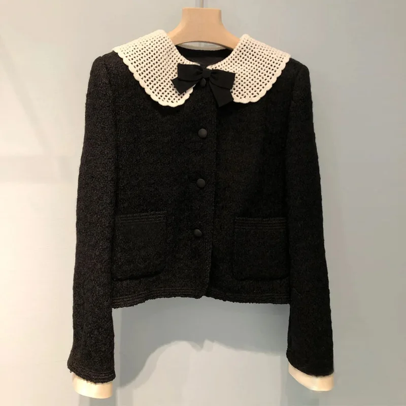 

black short coat crochet doll collar tweed cardigan women's suit small man top 23 spring new