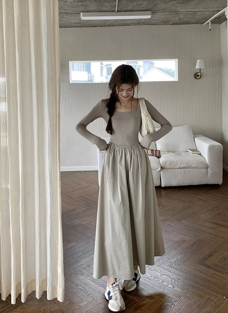 Casual Knitted Midi Dresses for Women Solid Long Sleeves Square Collar A-line Autumn New Elegant Dress Female Slim Vestidos