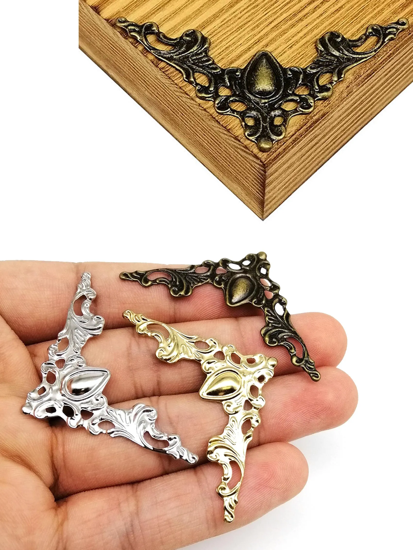 HZYUEGOU 24x Schmuckschatulle aus Bronze, Silber und Gold, Geschenkbox, Weinkiste, Holzkiste, Buch, Scrapbook, Fotoalbum, Eckenschutz, Dekoration – Detail 4
