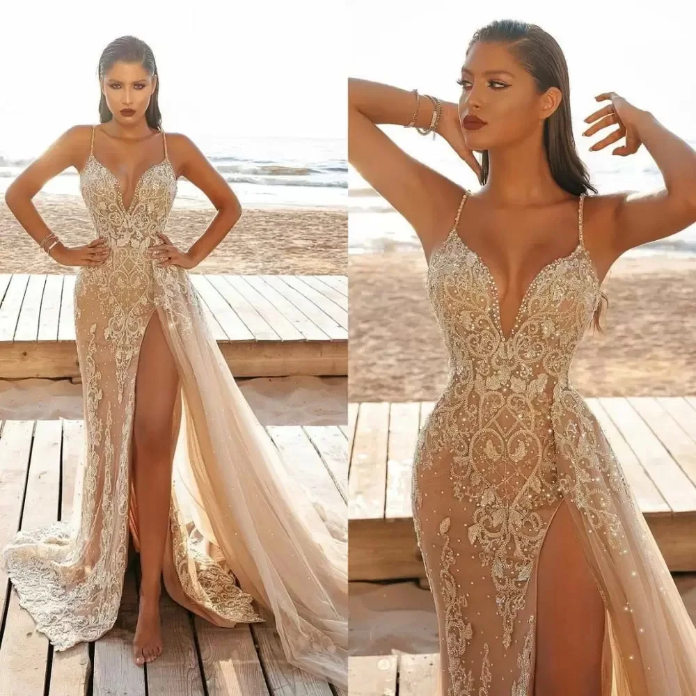 

Sexy Women Wedding Dress 2023 Tulle Lace Spaghetti Deep V-neck High Split Maxi Dress Fashion Formal Evening Party Dresses
