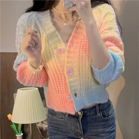 

Woman Lady Sweaters Knit USA Rainbow NEW V-Neck Long Sleeve Cardigans Tops Knitwear Women's Sweater Cardigan Coat Cloth Suéter