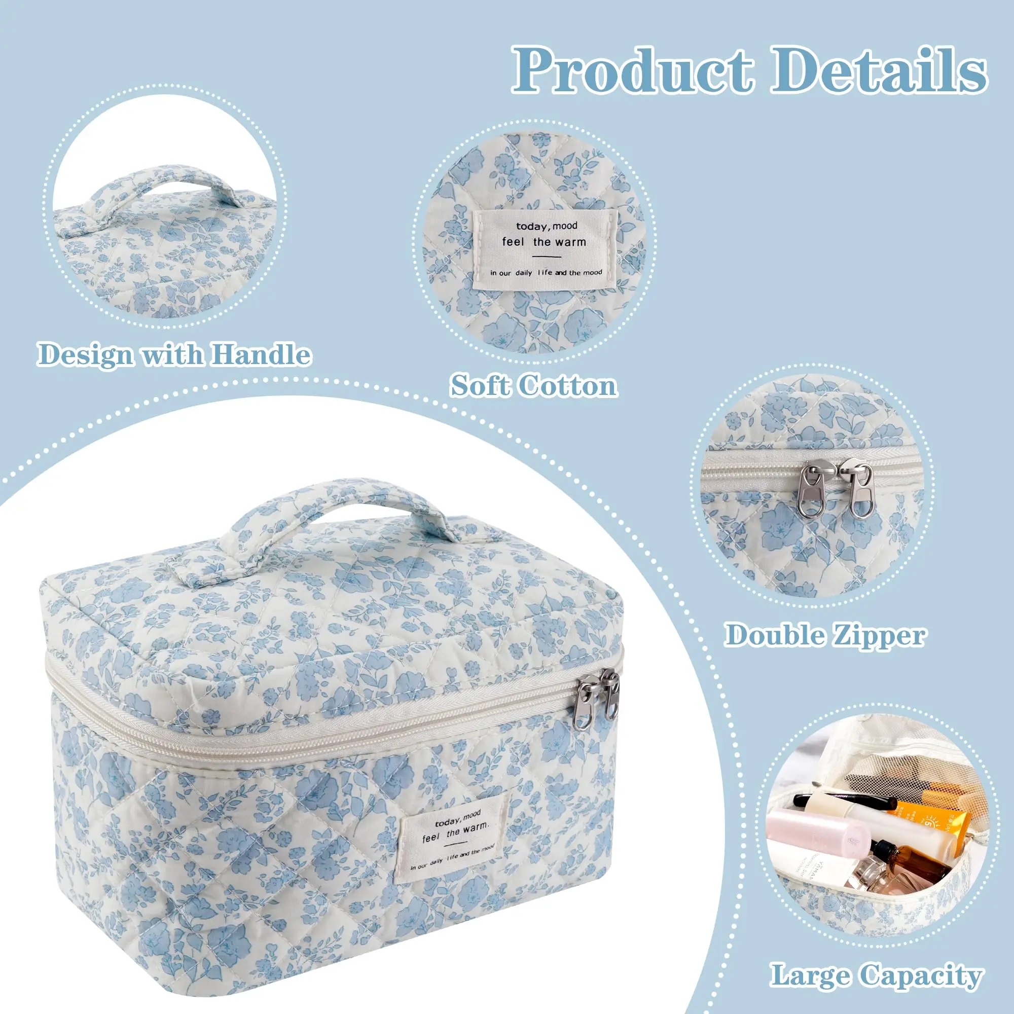 3Pcs Cotton Quilted Makeup Bag Set Women Zipper Cosmetic Organizer Female Cloth Handbag Portable Toiletry Case for Girls 3