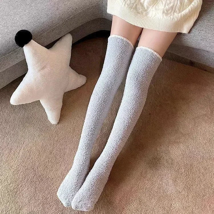 Soft Coral Fleece Knee Women Winter Warm Plush Leg Warmer Girl Solid Color Thigh High Socks Home Floor Thick Lo_voghion.com