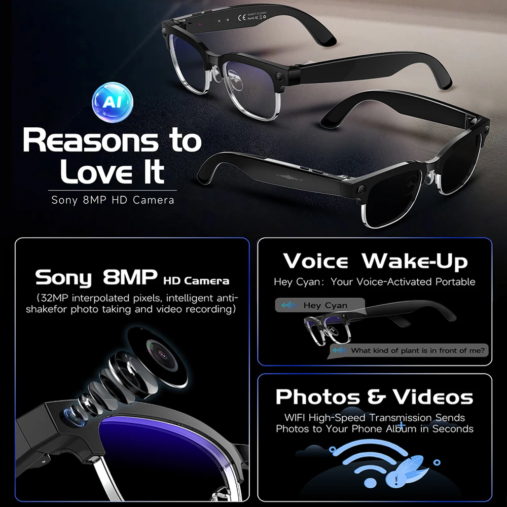 Nuovi Occhiali Smart AI 2026 per Uomo, Fotocamera 4K HD 800MP, Chat GPT, Chiamate Bluetooth, Traduzione Linguistica, Lettore Musicale Wi-Fi, Occhiali da Sole per Donna - immagine 2