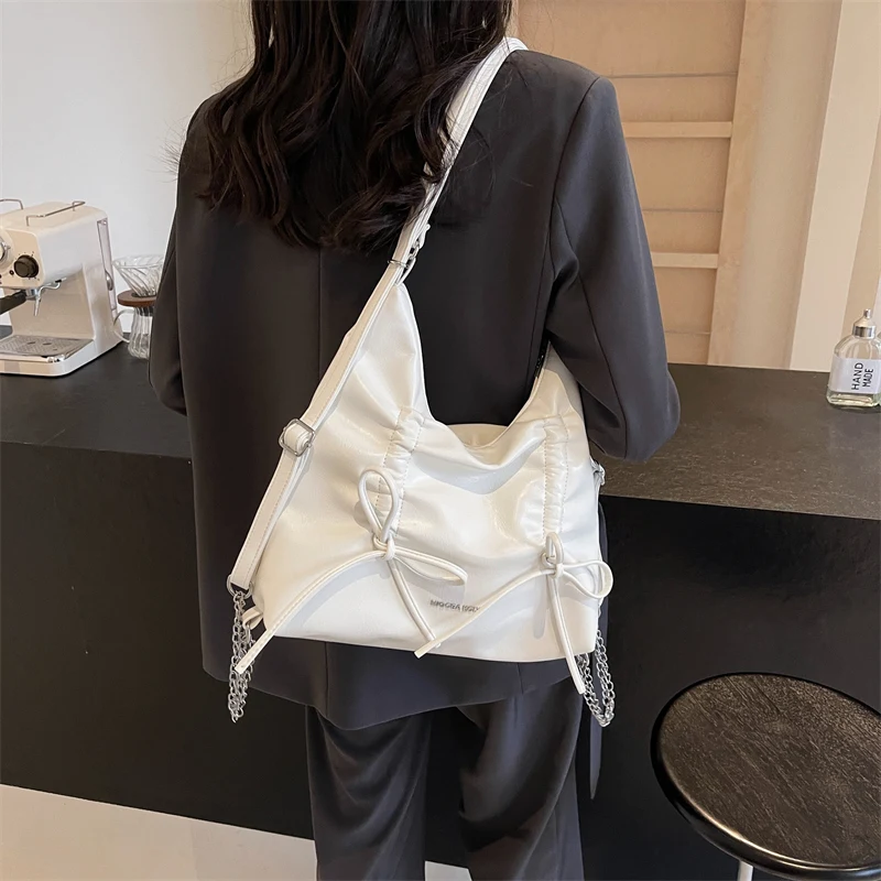 LEFTSIDE Bow Small PU Leather Shoulder Bags for Women 2024 Korean Fashion Female Silver Crossbody Bag Lady Simple Handbags