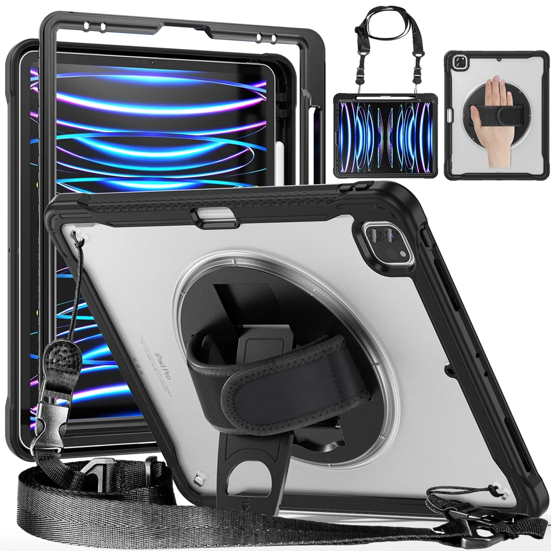 

Fit iPad Pro 12.9-inch (6th, 5th, 4th & 3rd Gen) Rugged Case with Kickstand shoulder & Hand Strap Heavy Duty Shockproof Cover