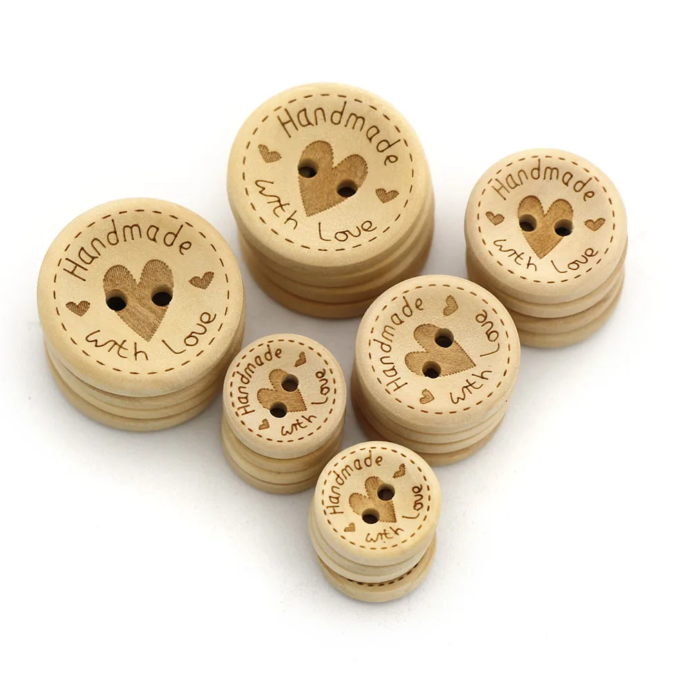 50Pcs Handmade Heart Wood Buttons Natural Color Hand Made Decorative Button  For ClothesSewing Scrapbooking Gifts 15MM 20MM 25MM