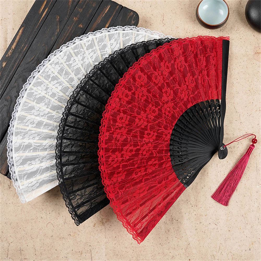 

Bamboo Ladies Hand Fans Crafts Lace Folding Fold Black Fan Ancient Hanfu Cheongsam Women'S Dance Bamboo Fan Classical National