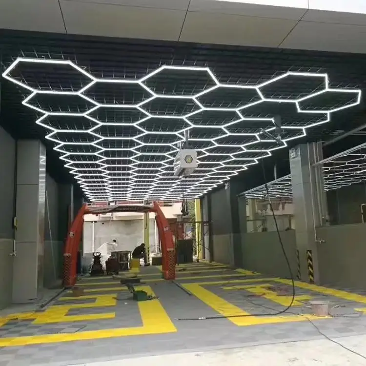 자동차 차체 수리용 벌집 LED 조명, 차고 조명, 육각 LED 램프, LED 튜브 천장 조명, LED 작업장, 6.5x7.5m