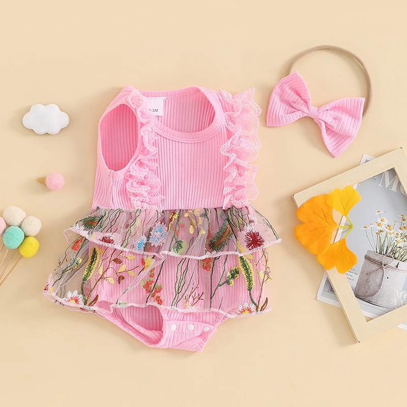 

Newborn Baby Girl Summer Outfits Floral Ruffle Knitted Sleeveless Romper Tutu Dress Bodysuit Jumpsuit Headband