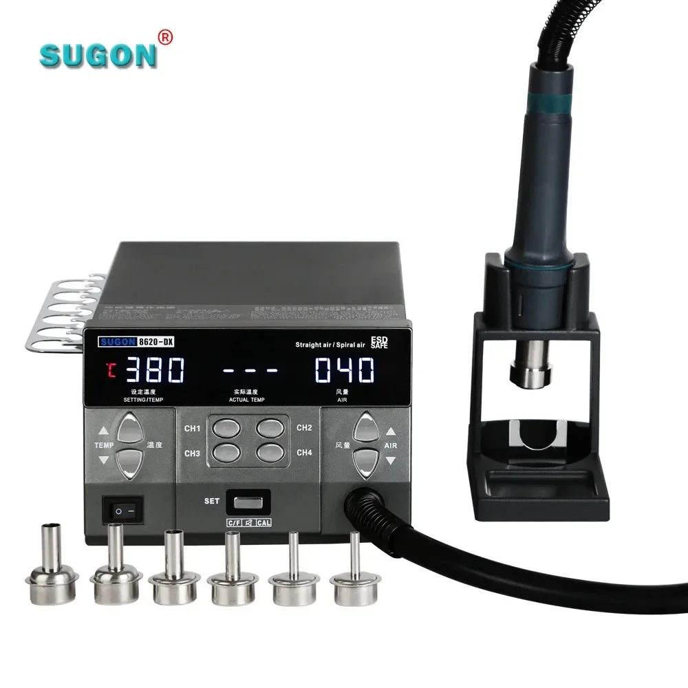 

2020 New SUGON 8620DX Mobile Phone Repair Rework Station with 6 Wind Gun Mouth 3 Second Heating 1300W Hot Air Soldering Gun