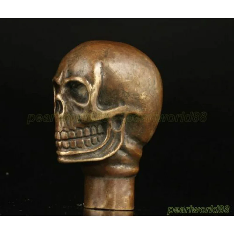 

Asian Chinese Old Bronze copper Handmade Carved Skull Statue Walking Stick Head