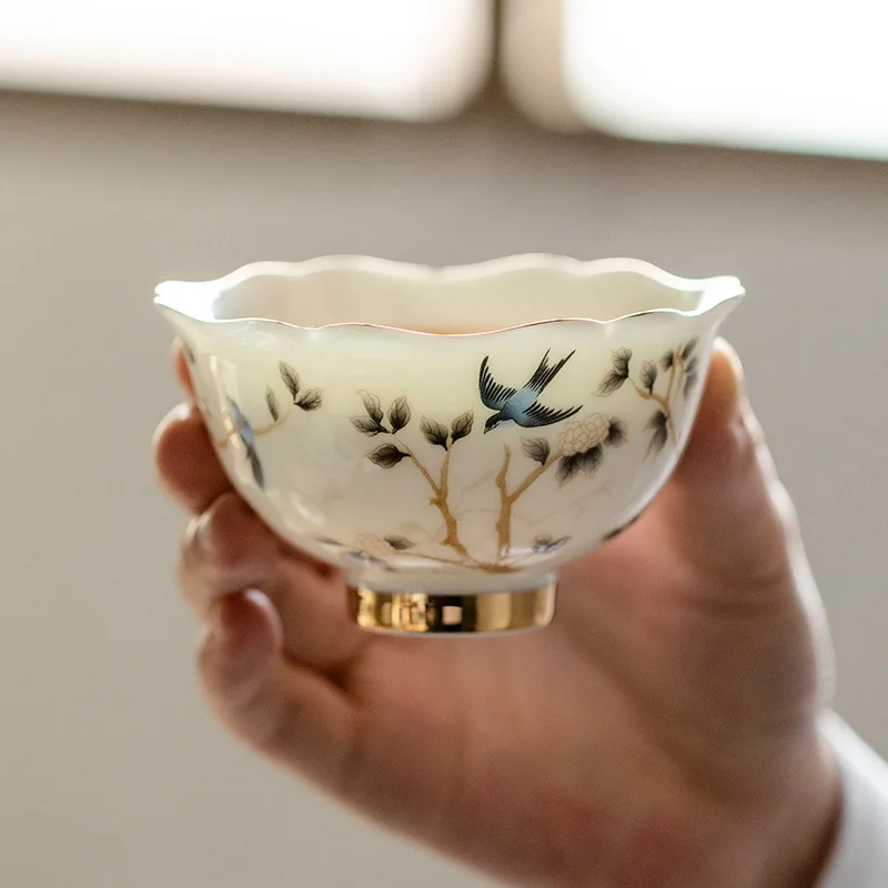 Personal High-end Tea Cup Household Ceramic Kung Fu Set Dehua Mutton Fat Jade White Porcelain Master Teaware Kitchen Dining Bar