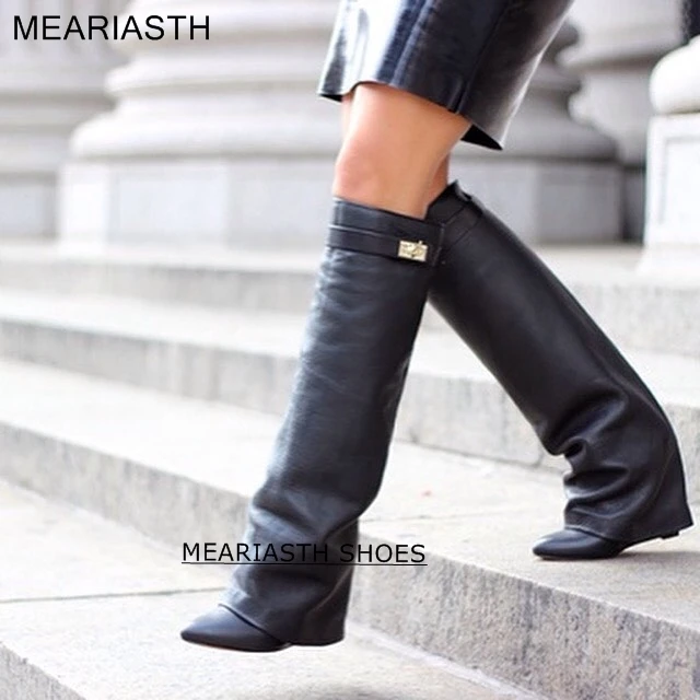 Silver Metal Shark lock Knee high Boots black Women Pointed Toe Leather  Wedge Increase Height High Heel Shoes Over The Knee boot| | - AliExpress